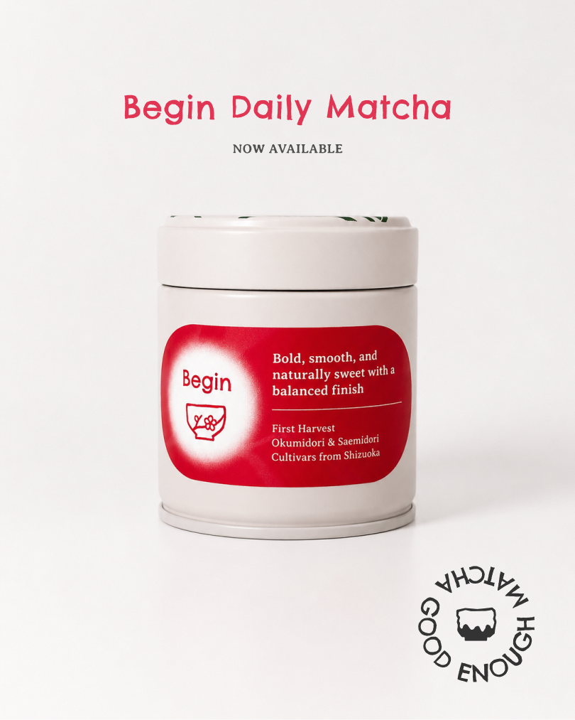 Good Enough Matcha red tin packaging
