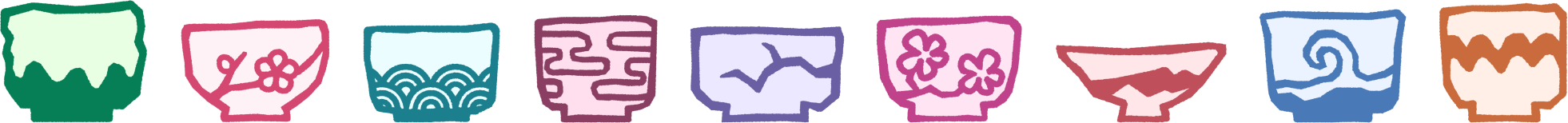 A family of illustrated matcha bowl marks